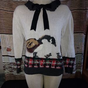 Marisa Christina Cream Sweater with Goose and Plaid Design